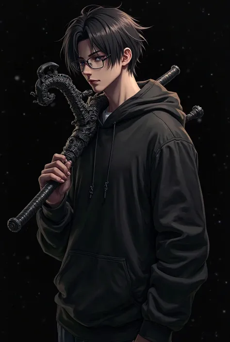 Create a Highly detailed digital illustration of an anime  guy with a black hair, wearing a dark hoodie and glasses standing against a black background, with a fierce, intricately designed sword sculpture resting on his shoulder, fantasy art style, realist...