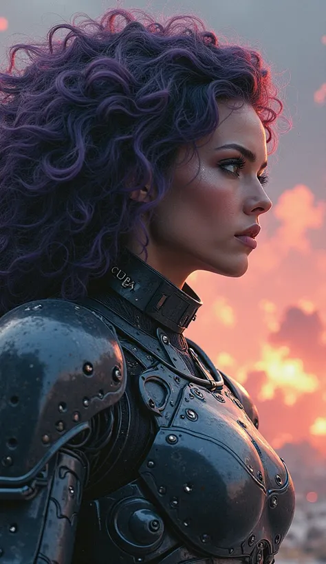 his body is a heavily armored combat cyborg. Her face is a menacing warrior woman, her hair is plum and curly. A soldier who saves the world from destruction. In the background, an artificial cascade in space has blown up the earth's atmosphere and looks a...