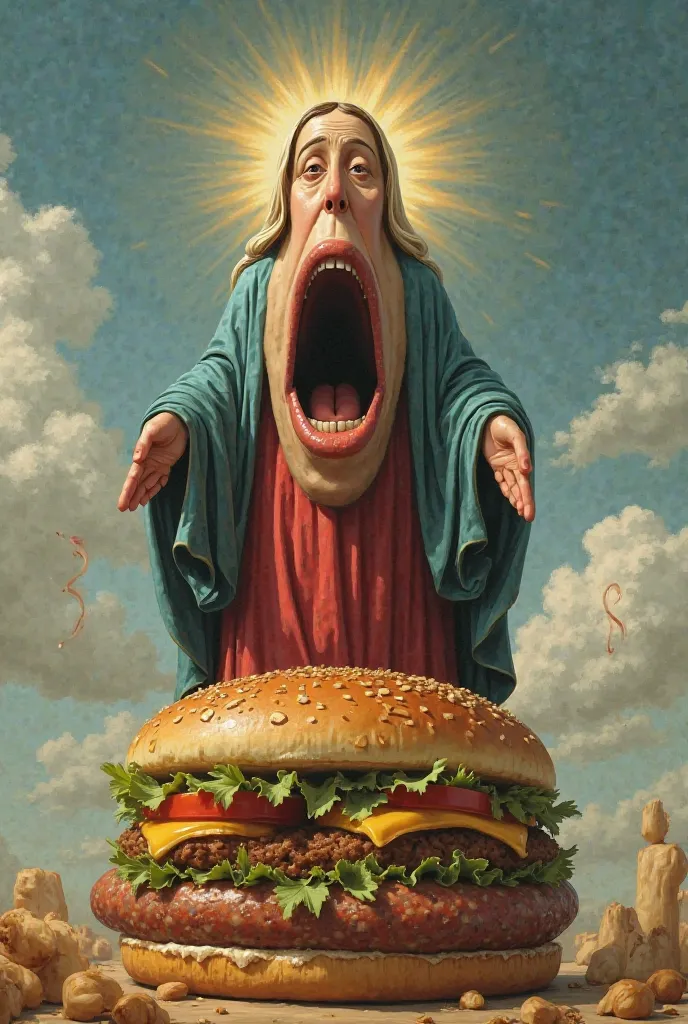 The Virgin Mary has a huge mouth and works at McDonald's on top of a sausage sandwich