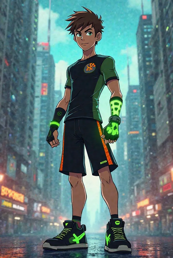 Ben 10 Omniverse style, reimagined with black shorts with two orange lines, green and black sneakers, classic black shirt, athletic body design, Omnitrix shining on your wrist,heroic pose, definite expression, futuristic city scenery, tall constructions, b...