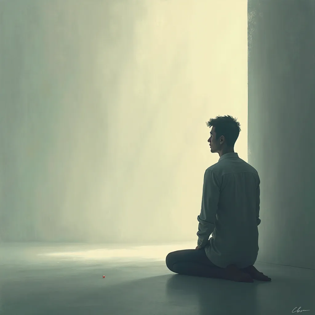 Shadows of a pensive figure: A thoughtful silhouette with soft shadows cast on a diffuse background, representing introspection and mental stillness, while the surrounding space is calm.