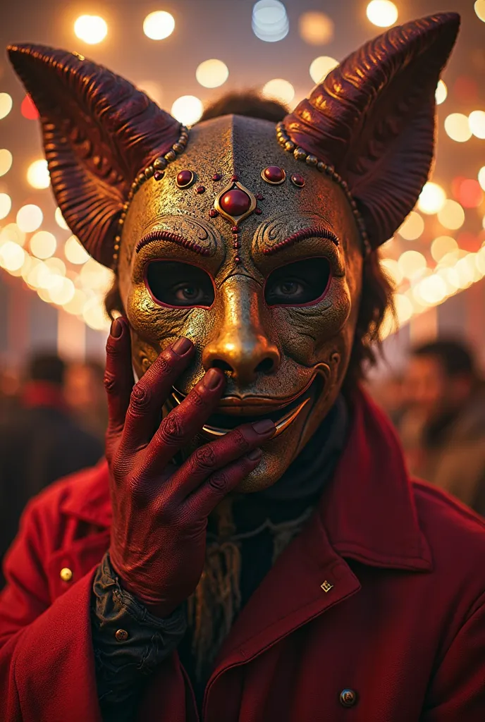 Create an image of BAAL hiding half of his face with a carnival mask on his right hand! a background like a lot of light, with happy people celebrating carnivals and ren disguised as heroes and carnivals 