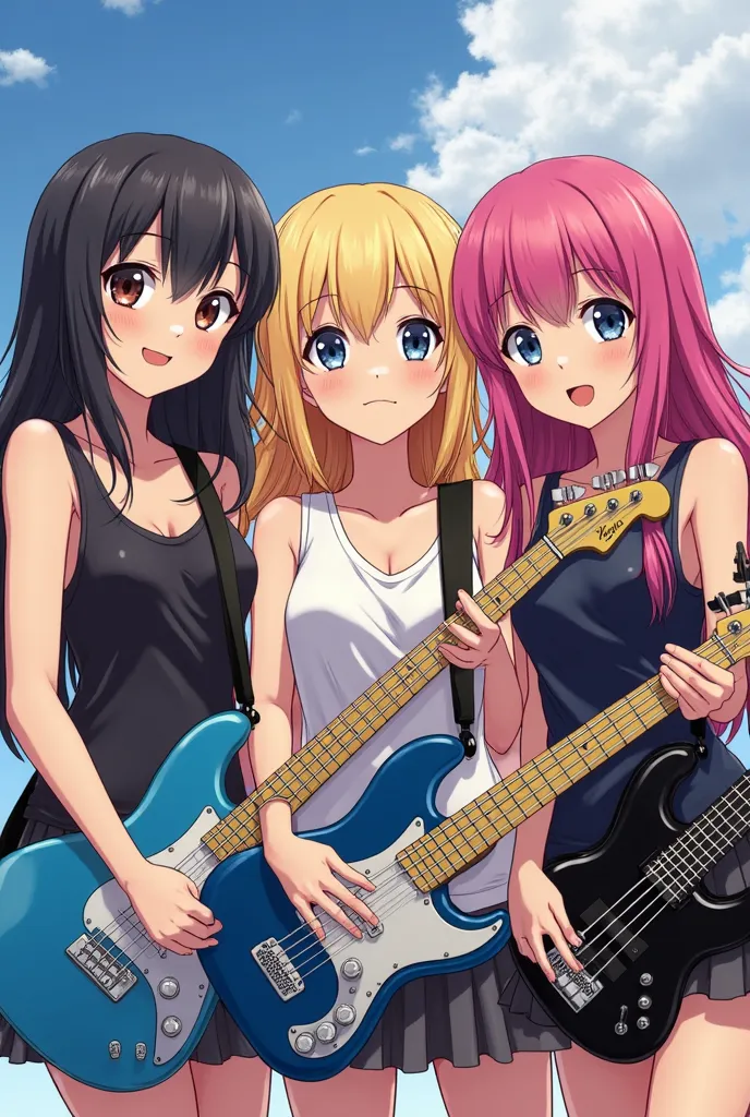 Anime-style cartoon, of three beautiful girls. Una de ellas con cabello negro largo y seeds, plus bangs. The second,  has blonde hair , seeds, medium long and blond,  without bangs. The third has fuchsia or hot pink hair, seeds y a la altura de los hombros...