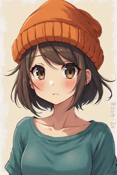 Anime femenino WITH una beanies de color naranja WITH una rallas grandes de un tono más oscuro ,WITH un pelo corto pero un poquito largo WITH el fleco que este hacia el lado derecho de color marron ,WITH una camisa azul verdosa ,the hair covers his eyes a ...