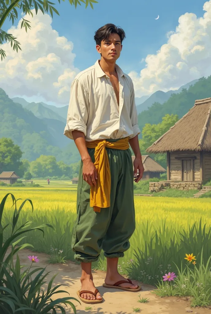  Gender :Male, approx. 18-25 years old;  Style :casual , phù hợp với cuộc sống thường nhật ở Việt Male năm 1077;  outfit : Standing trouser, green, yellow or white, rough fabric material; trousers: trousers dài màu đen hoặc nâu đậm, durable fabric.legs: Wa...