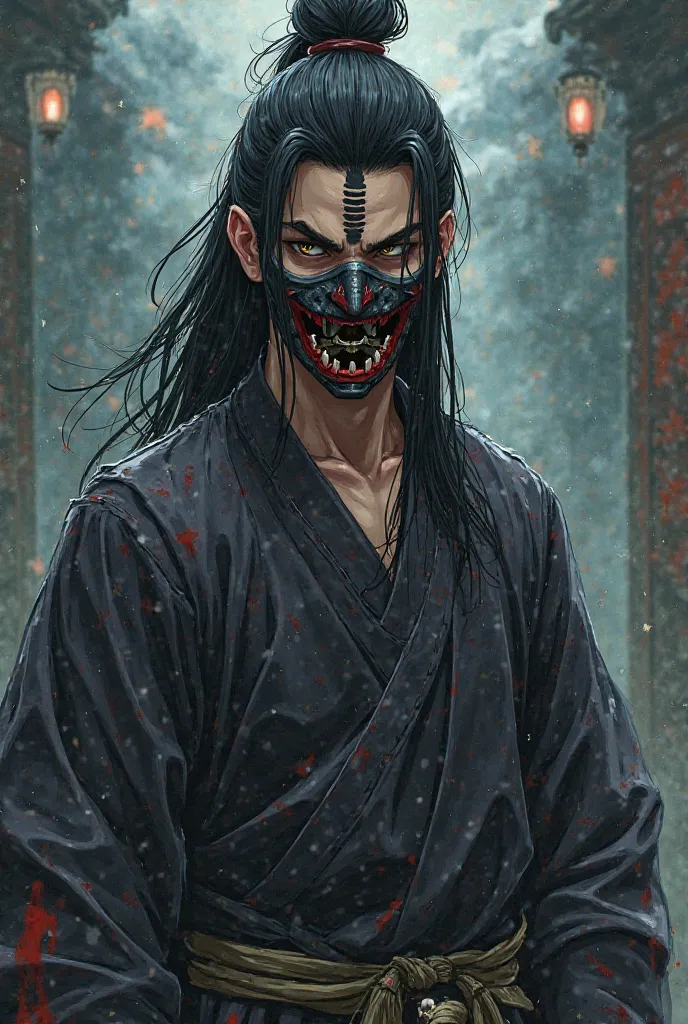 The anime theme, features a samurai wearing a samurai tag but without a helmet, long, tied hair, a Japanese oni mask and a long stripe on his forehead 