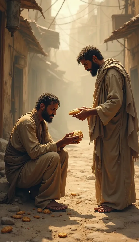 A poor beggar sitting on the street, with worn clothes and outstretched hands, while a man in simple clothes gives him bread, surrounded by a warm and spiritual atmosphere.