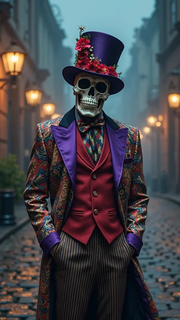 A figure standing on a misty cobblestone street at night. The figure is adorned in a vibrant, paisley-patterned suit with a deep red vest and a purple top hat decorated with flowers. The most striking feature is the skull face of the figure, which contrast...