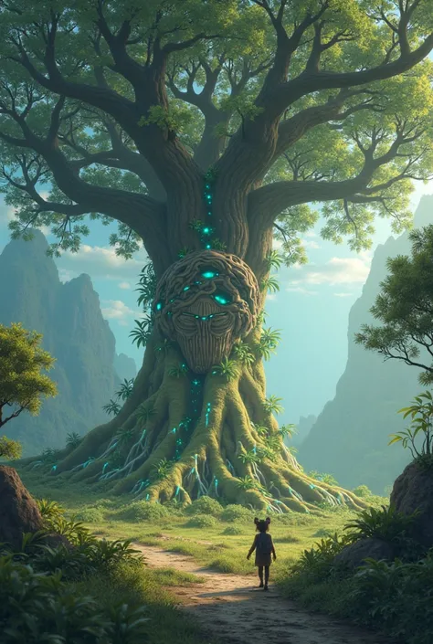  A majestic tree with glowing roots appears, and a friendly creature approaches the explorer.