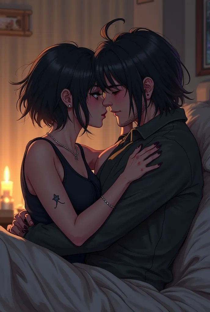 Sebastian from Stardew Valley has an emo girl with black hair and emo bangs.They are lying on a bed hugging each other and kissing..