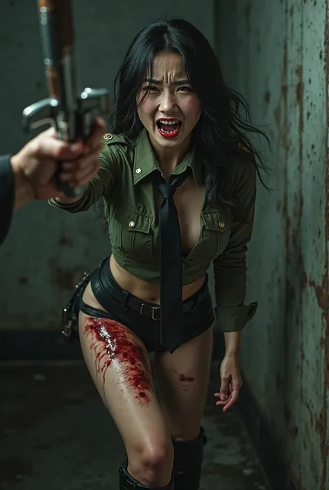 A beautiful Asian woman, nsfw, military wear with tie, micro miniskirt, long boots, suffering expression,shouting, heavy bleeding from her thigh, (((with a cutter blade impaled in her thigh))), ((a man is cutting her thigh with a cutter)),(best quality,4k,...