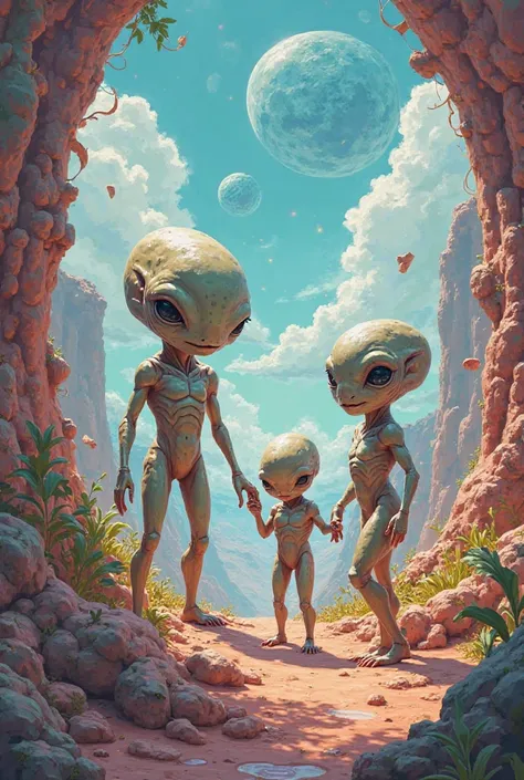 Do E to me.t. with their three alien ren, playing in an alien landscape 