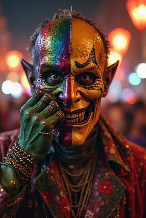 He creates an image of BAAL hiding his face with a colorful carnival mask on his right hand and reveals half an evil face, A background with lots of light , with people celebrating the joy of carnival and ren disguised as hereos!