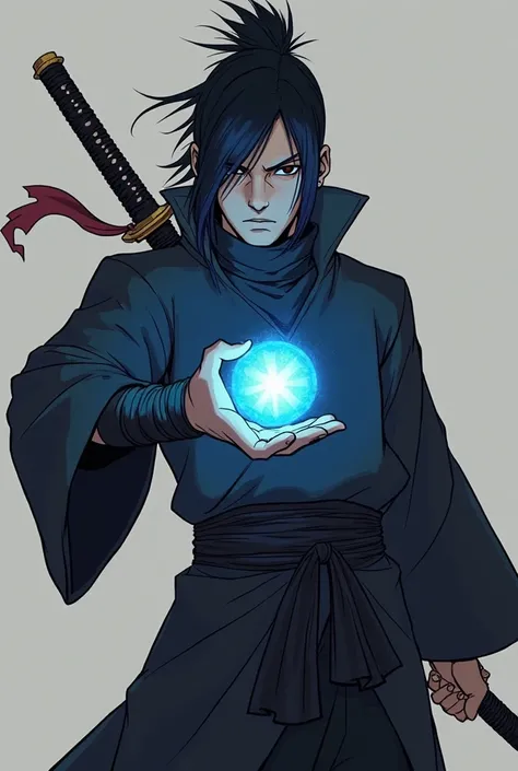 Ninja from naruto world, dynamic front pose, redy to put off his sword from his back with right hand ,  holding a glowing blue energy sphere in left hand close to his chest , katana raised, dark clothing, anime style, detailed, sharp lines