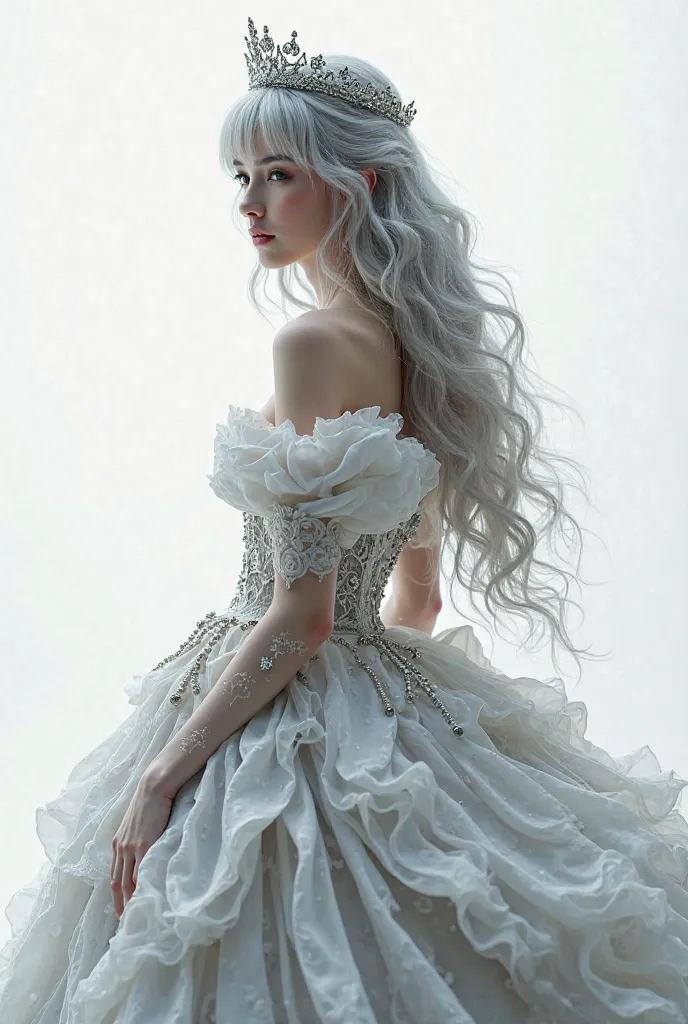 princess with silver crown and hair with bangs on the sides long hair with mid-body waves with voluminous prince dress ampon side profile with realistic white page background
