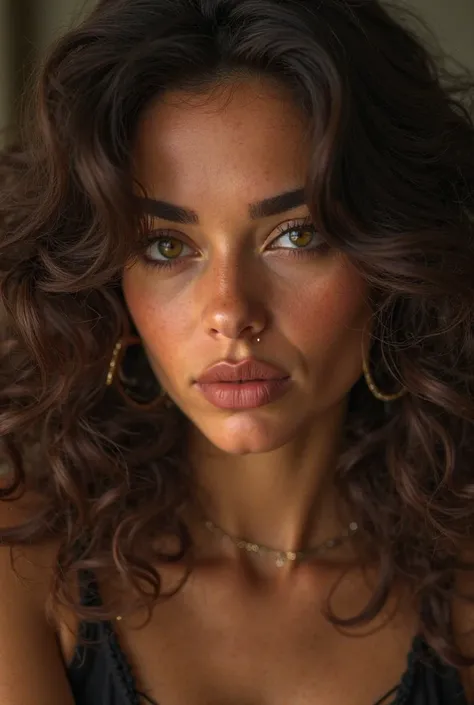 foung 19-year-old Cuban-Italian mixed woman, high cheekbones, glamorous gaze, curly brown hair, long eyelashes, almond ighting