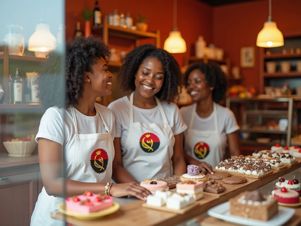 A cozy pastry called 'Pastelaria Nice' celebrating Women's Day in Angola. The scene features two to three women wearing white aprons with details in the colors of the Angolan flag ( red,  black and yellow), smiling while at the pastry shop. The atmosphere ...