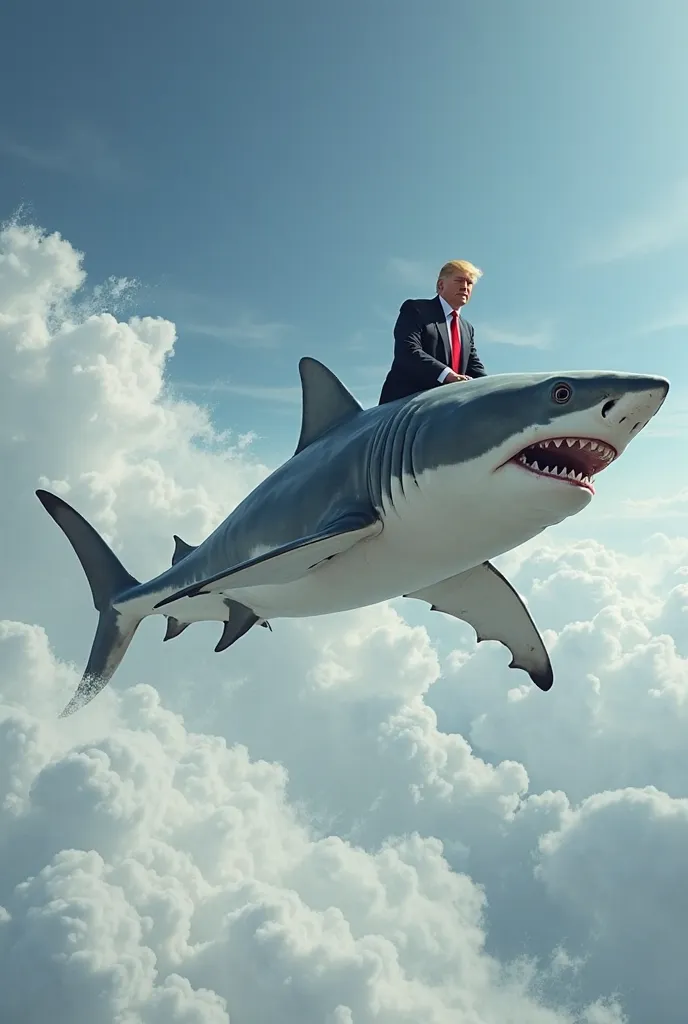 Flying white shark. Donald Trump is riding on his back.