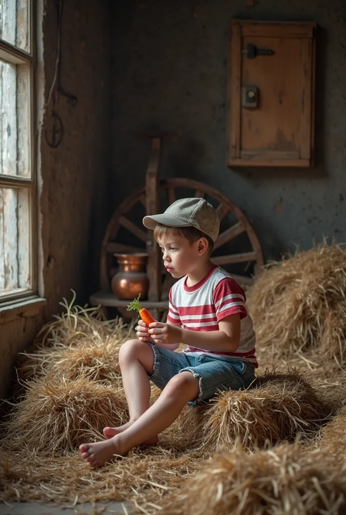 Ultra realistic photo, produced by a professional with a high-quality camera. Country young brunette boy a boy  feeding the rabbit with carrot, short hair, in old short denim with frayed hem, t-shirt with two wide stripes in Red and white, Cap, barefoot, t...