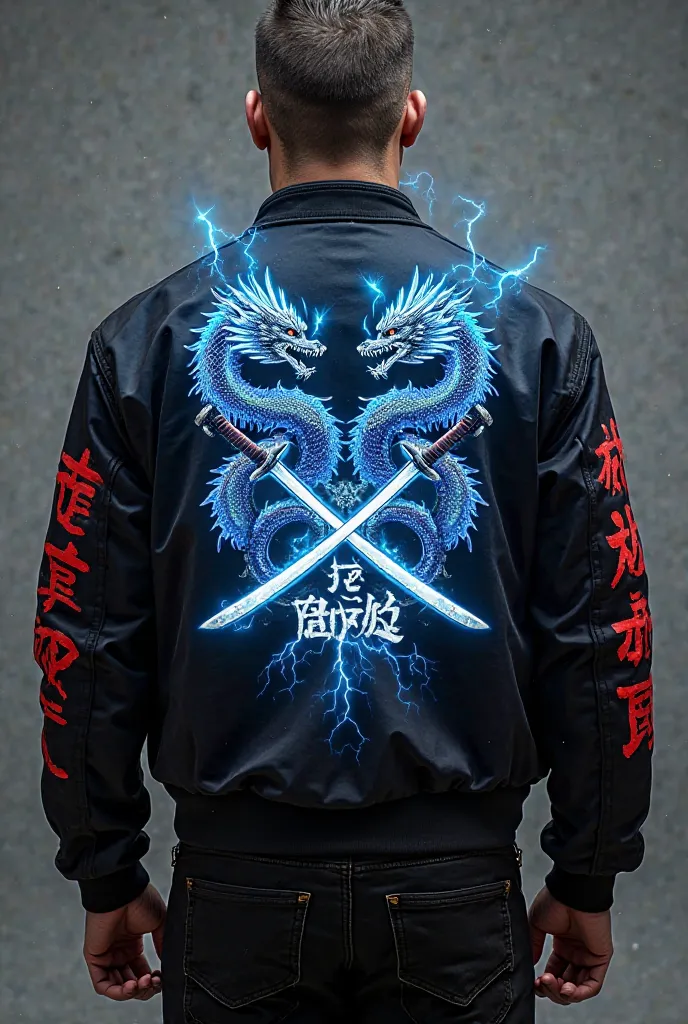 A black jacket and on the back has 2 dragons with blue flames and 2 crossed swords in the shape of lightning and below say commander of the 07 division and word Yair and on the sleeves say commander in Chinese letters and red 