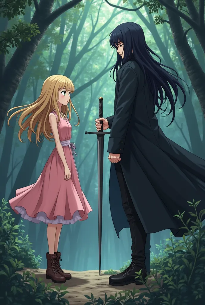 detailed artwork of anime character an 18 year old woman, blond hair, green eyes, baby pink dress and brown boots, she smiles while a tall, hot, young Japanese vampire, long dark hair, stands with a sword pointing at her head. The scene takes place in a da...