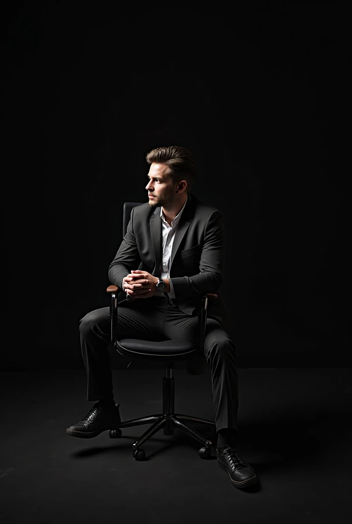 Make me a picture of a rich young businessman looking to sit on a chair with a completely black background