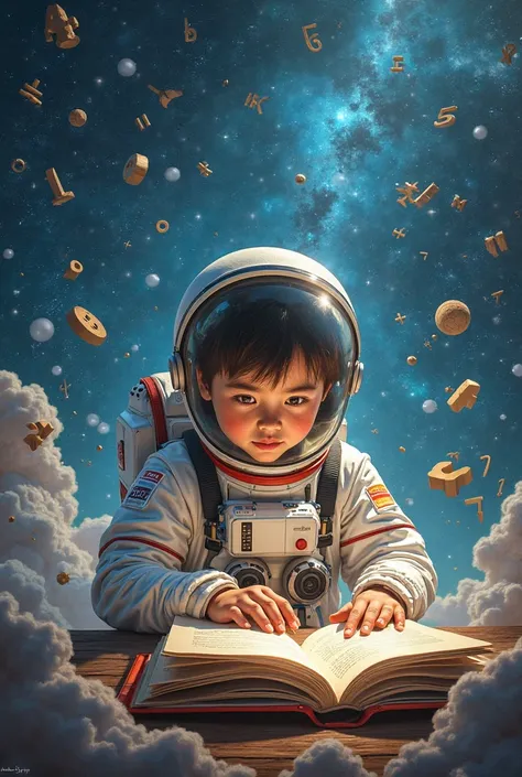 Astronaut Boy with his math books and math signs 