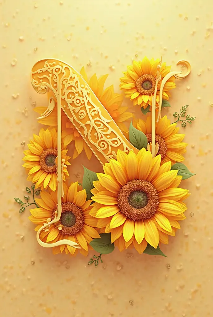 An aesthetic yellow themed logo of letter N, golden yellow decorated with sunflowers