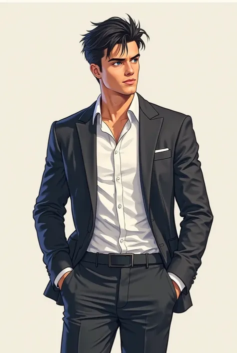 Create a semi-realistic illustration of a young, handsome man around 30 years old, standing gracefully in a confident pose. He has an unreadable expression on his face, which leans towards a unreadable look and a faint smile , as he gazes intently at someo...