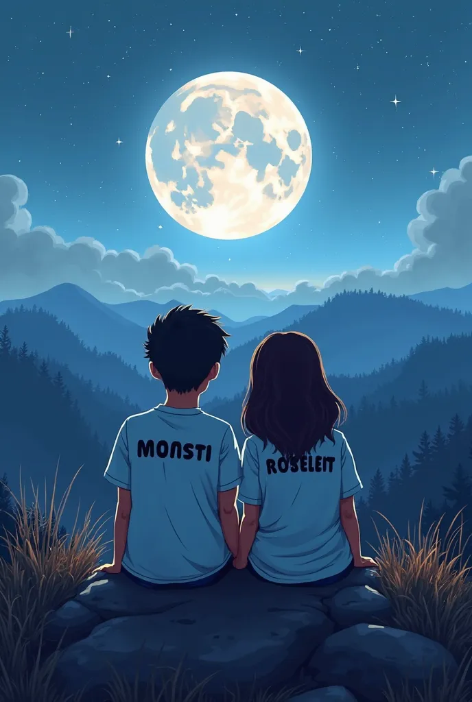 Craft a 3dilletrationwherecartoon friends samimostofa sit ona mountainduring moon light envelop the scene in warm blue hues with bothwearing white T shitts featuring their names is black, capturing the serene ambiance of tha setting sun  content credential...