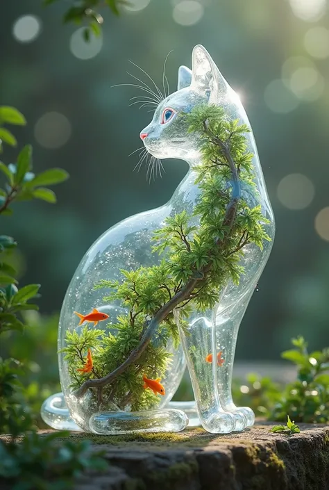 A luminous, transparent glass cat, showcasing an intricate internal ecosystem, featuring miniature colorful fishes from within, blurring the line between surreal nature and organic growth, set against a dreamy bokeh background that evokes an ethereal atmos...