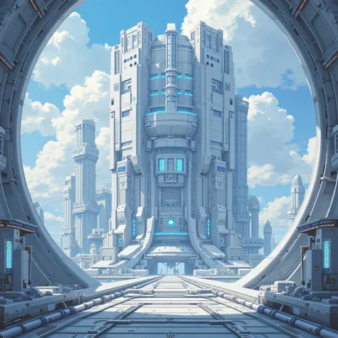 full image,  from the front, anime art, giant technological and advanced structure, distant and complete point of view of the building, Futuristic factory, white with blue lights, structure with circular and square style.