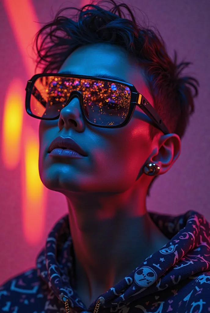 The model is wearing glass sunglasses with carpentry: Darker background with dominant purple and orange.
Inscription “Witros”: Placed on the character or in a prominent place, e.g.. on clothes, in the background or as a light effect.
Background : Abstract,...