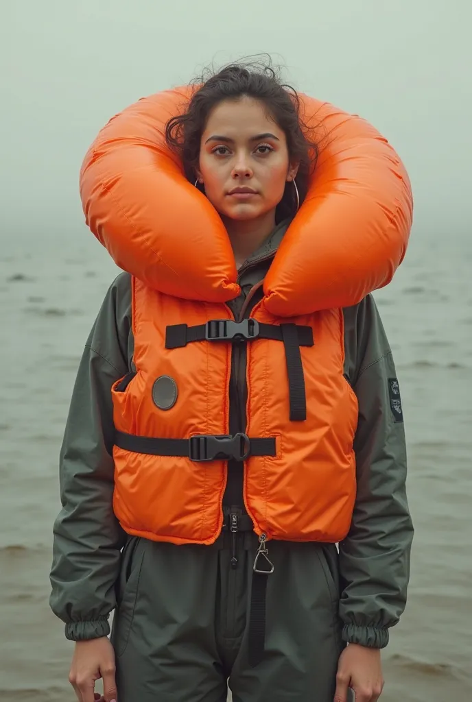 Woman using a extremely large overinflated inflatable life vest that engulfs her neck