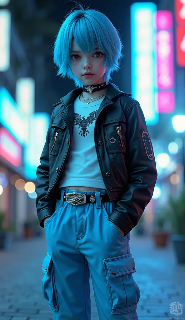 BJD style, Gothic style,  boy, blue gradient hair color, brown eyes, long white earrings, white skin, cold expression, white buckle collar, thin collarless and sleeveless t-shirt, white t-shirt with eagle pattern, exposed waist, silver belt with porous des...