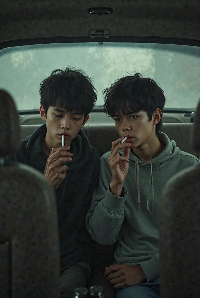 It depicts two boys smoking in the car