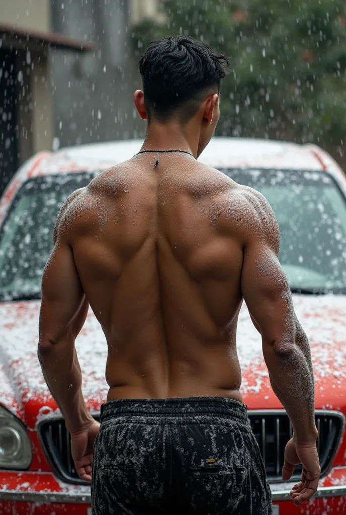 Asian guy, bicolor, shirtless, turned back, car washed 