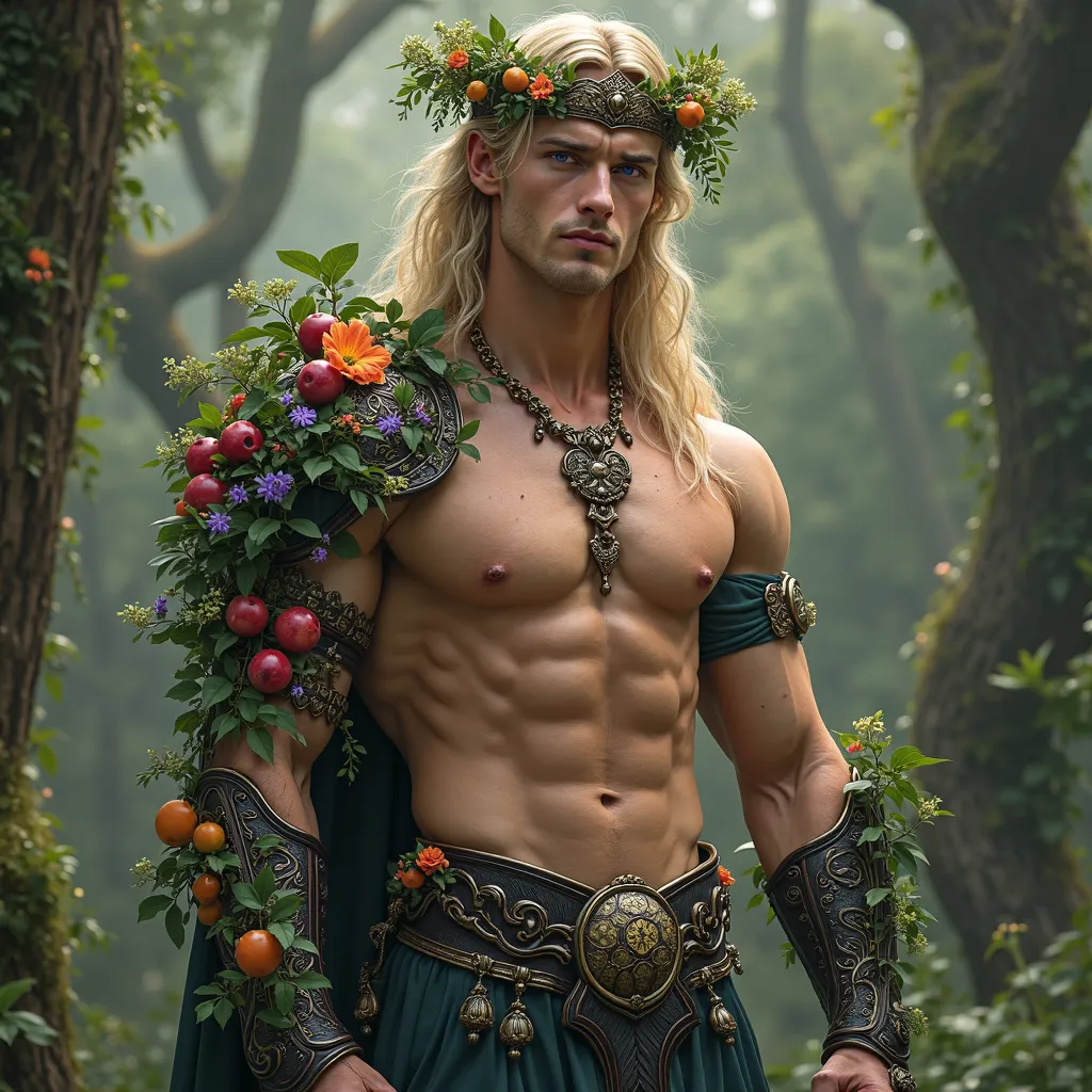 Create a full body image of a celestial male handsome masculine male with very full plump luscious lips, bright purple eyes, partially exposed bare chest and torso. body strong masculine fantasy prince he is the God of the trees and nature but dont make hi...