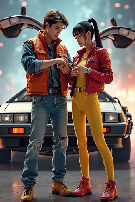 L'affiche du film retour vers le futur avec marty et une jeune femme japonaise en combinaison legging moulant jaune veste rouge et gris  ils regardent leurs montre avec la DeLorean 