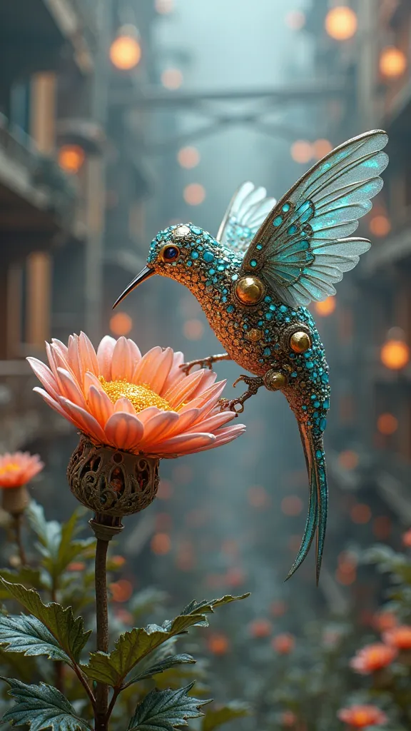 Steampunk hummingbird drinking from a metal flower. The hummingbird is made of jewels and metal. The background is a ruined city with neon lights