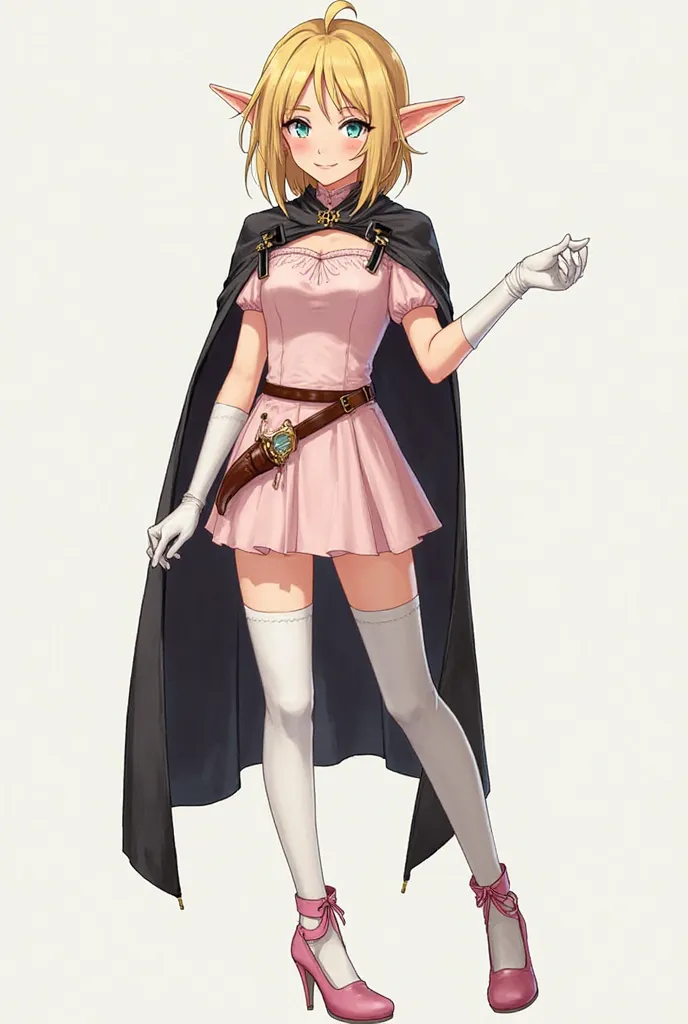 Elf Boy, with blond hair, left eye blue, right green, in a light pink short dress, long white stockings above the knee, elbow-length white gloves, covering the palm, pink high-heeled shoes with ankle closure, a sheath on a belt, in a dark cloak