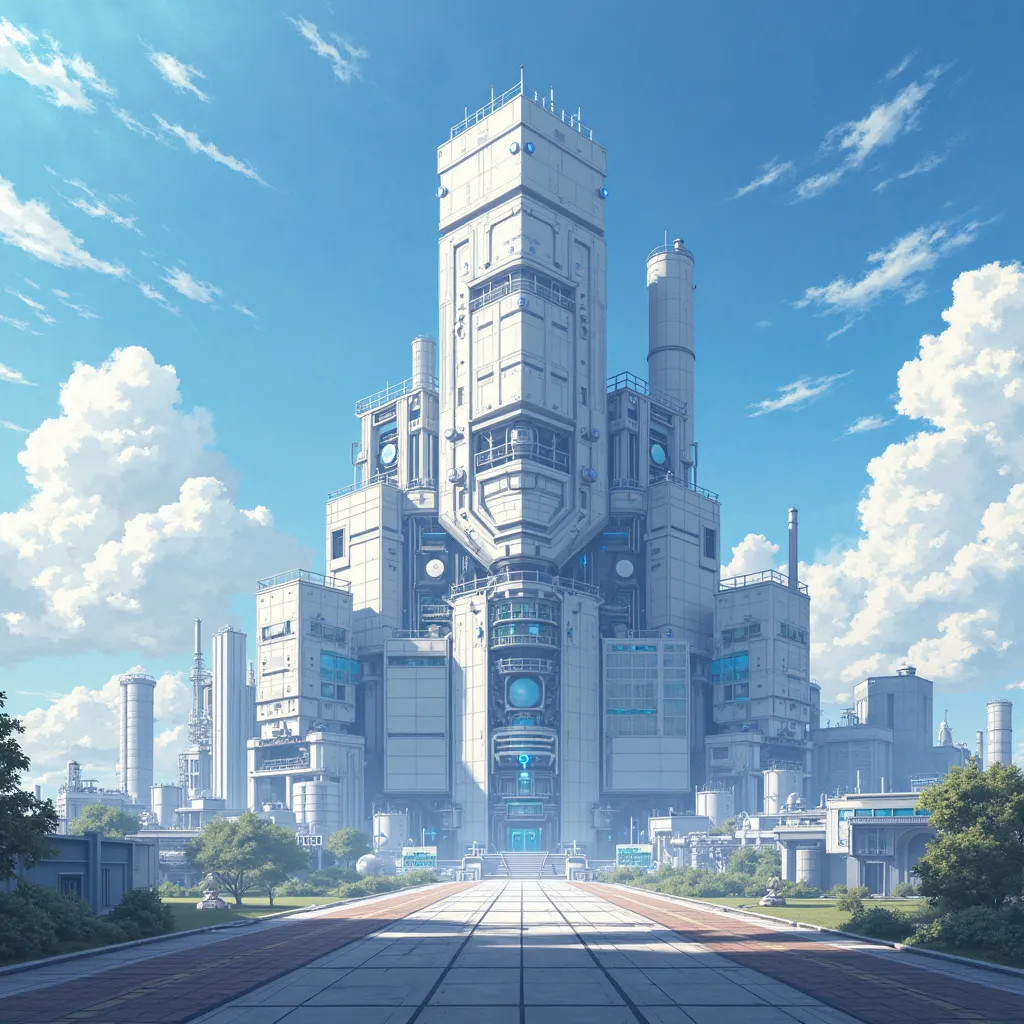 full image,  from the front, anime art, giant technological and advanced structure, distant and complete point of view of the building, Futuristic factory, white with blue lights, structure with circular and square style, complete and detailed view of the ...