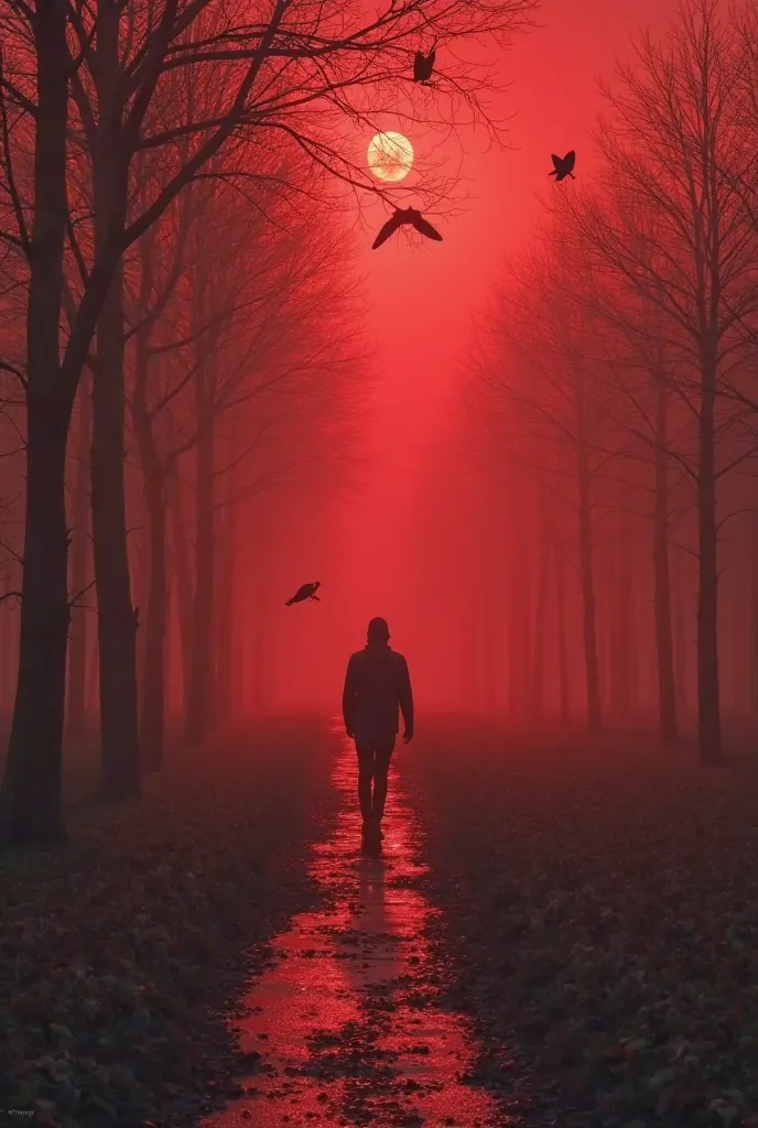 I need an album cover, where there is a path with red fog, a person walking on that road and crows. Take reference to the album cover of Mylène Farmer Nevermore, the cover of Ha-Ashville by Ha-Ash and some cover by Omar Rudberg 