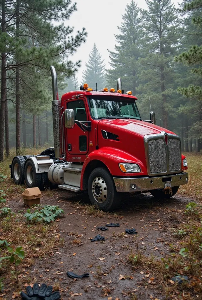 A place where there is a red Kenworth t800 truck, which was almost completely evicted, there were black masks, boot prints and tires from some vans and a small box next to the truck and the truck was located in the middle of a forest. 