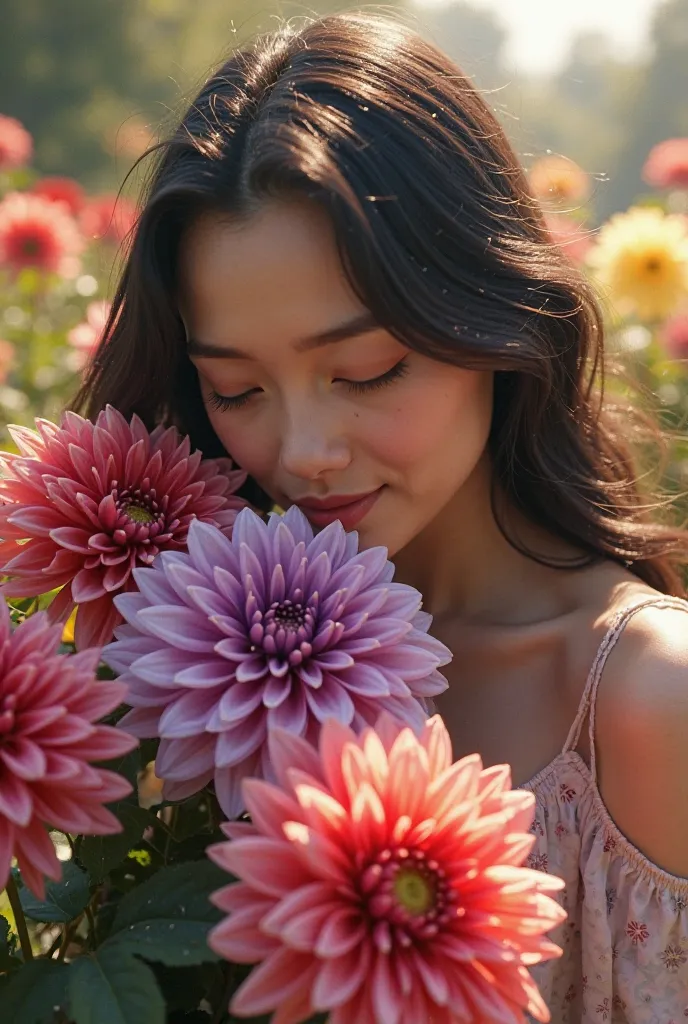 She generates an  girl with black hair who smells a bunch of dahlias