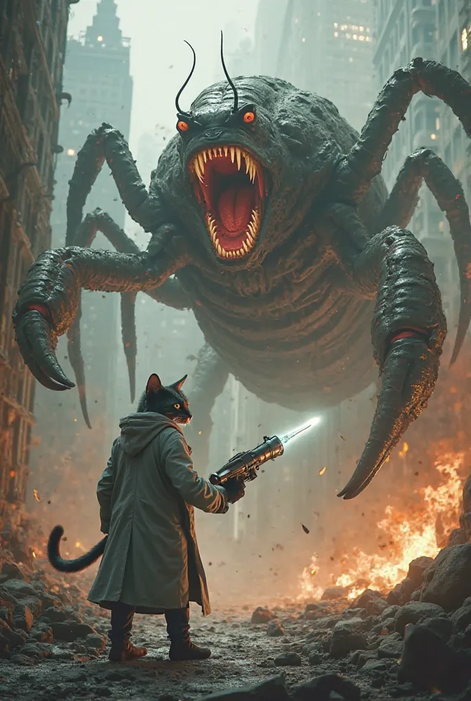  anther pomorfi "In a ruined cityscape, the anthropomorphic gray cat scientist stands with a futuristic syringe gun filled with a glowing antidote. He faces the towering monstrous scorpion, which roars with rage, its massive claws raised. Smoke and fire su...