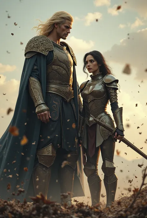 Prince blond guy tall hair standing next to a short girl Black hair  in armor with a sword around the battlefield