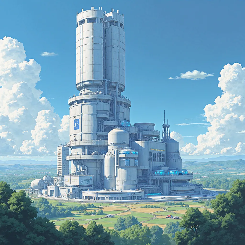 full image,  from the front, anime art, giant technological and advanced structure, distant and complete point of view of the building, futuristic factory, white with blue lights, structure with circular and square style, complete and detailed view of the ...