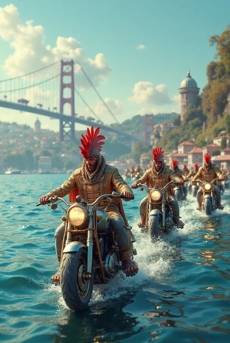 Group riding cock-headed motorbikes inside a boat travel from the sea towards the Bosphorus bridge in Istanbul. 