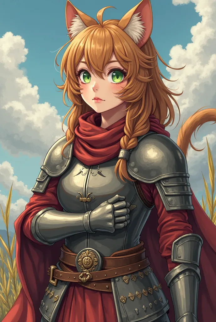 casual anime style 4k , a chivalric chieftain who is a haired cat girl (Don't let your clothes and armor reveal a lot of skin), brown ears and tail, green eyes who lives in the Middle Ages, she suffers from the disorder of "Megalomania "